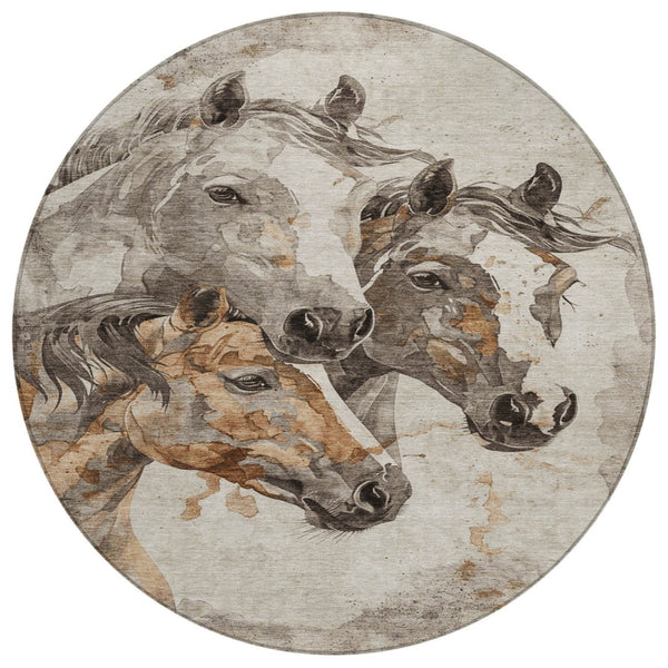 HomeRoots 5' Stylish Beige and Gray Horse Area Rug – Washable, Durable, Perfect for Indoor and Outdoor Spaces 8' Round 618669