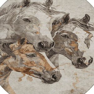 HomeRoots 5' Stylish Beige and Gray Horse Area Rug – Washable, Durable, Perfect for Indoor and Outdoor Spaces 8' Round 618669