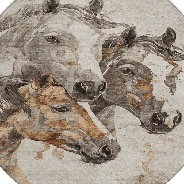HomeRoots 5' Stylish Beige and Gray Horse Area Rug – Washable, Durable, Perfect for Indoor and Outdoor Spaces 8' Round 618669