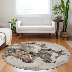 HomeRoots 5' Stylish Beige and Gray Horse Area Rug – Washable, Durable, Perfect for Indoor and Outdoor Spaces 8' Round 618669