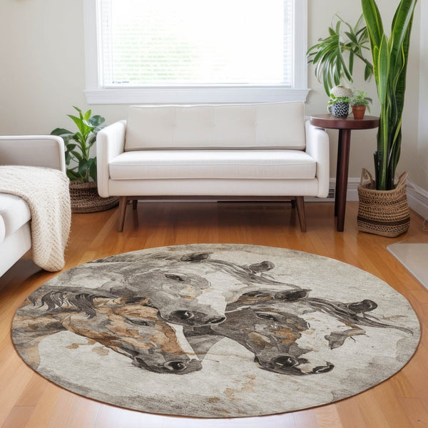 HomeRoots 5' Stylish Beige and Gray Horse Area Rug – Washable, Durable, Perfect for Indoor and Outdoor Spaces 8' Round 618669