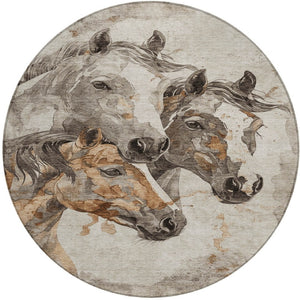 HomeRoots 5' Stylish Beige and Gray Horse Area Rug – Washable, Durable, Perfect for Indoor and Outdoor Spaces 8' Round 618669
