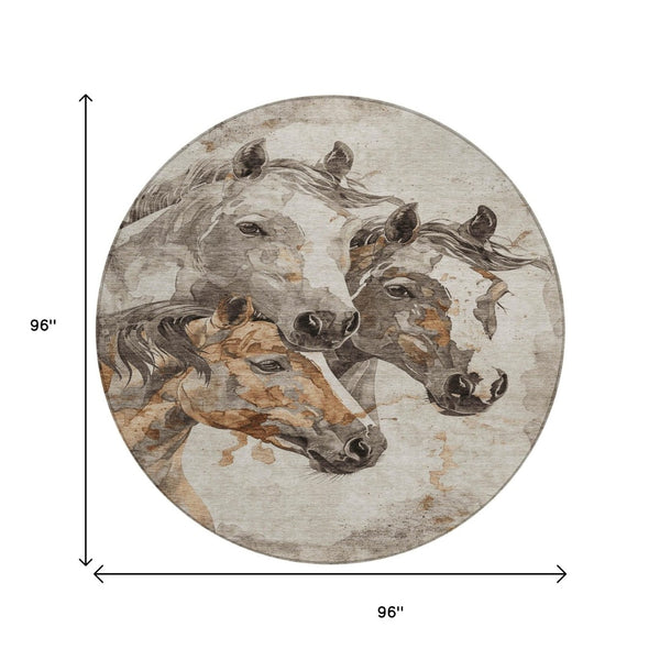 HomeRoots 5' Stylish Beige and Gray Horse Area Rug – Washable, Durable, Perfect for Indoor and Outdoor Spaces 8' Round 618669