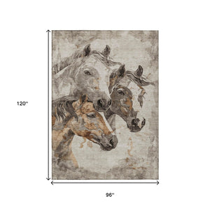 HomeRoots 5' Stylish Beige and Gray Horse Area Rug – Washable, Durable, Perfect for Indoor and Outdoor Spaces 8' X 10' 618670