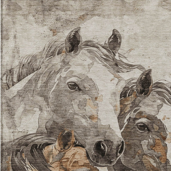 HomeRoots 5' Stylish Beige and Gray Horse Area Rug – Washable, Durable, Perfect for Indoor and Outdoor Spaces 8' X 10' 618670
