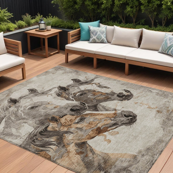 HomeRoots 5' Stylish Beige and Gray Horse Area Rug – Washable, Durable, Perfect for Indoor and Outdoor Spaces 9' X 12' 618671