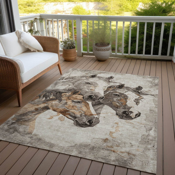 HomeRoots 5' Stylish Beige and Gray Horse Area Rug – Washable, Durable, Perfect for Indoor and Outdoor Spaces 9' X 12' 618671