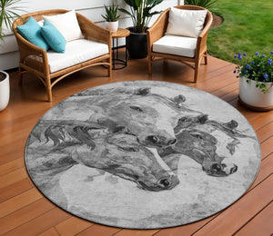 HomeRoots 5' Gray and Silver Horse Area Rug - Durable, Washable Indoor/Outdoor Design for Stylish Spaces 8' Round 618675