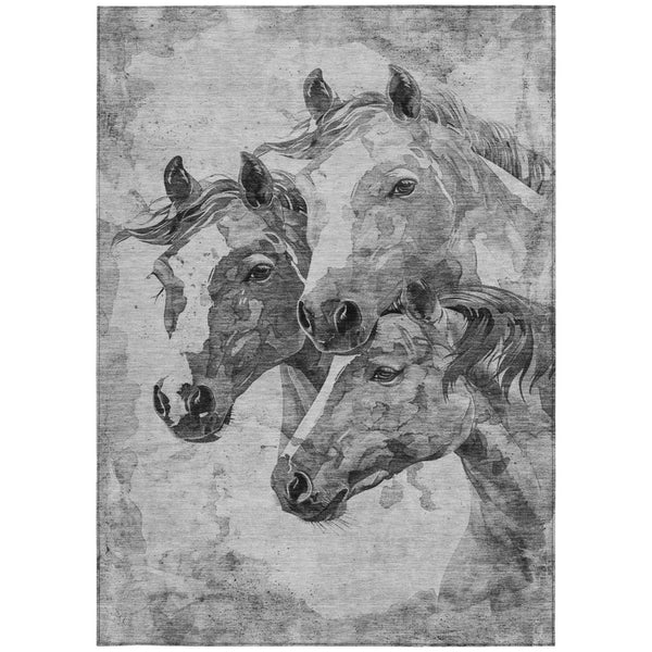 HomeRoots 9' X 12' Gray & Silver Horse Area Rug – Durable, Washable, Indoor/Outdoor Charm for Any Space 618677