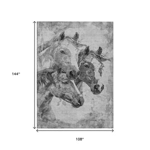 HomeRoots 9' X 12' Gray & Silver Horse Area Rug – Durable, Washable, Indoor/Outdoor Charm for Any Space 618677