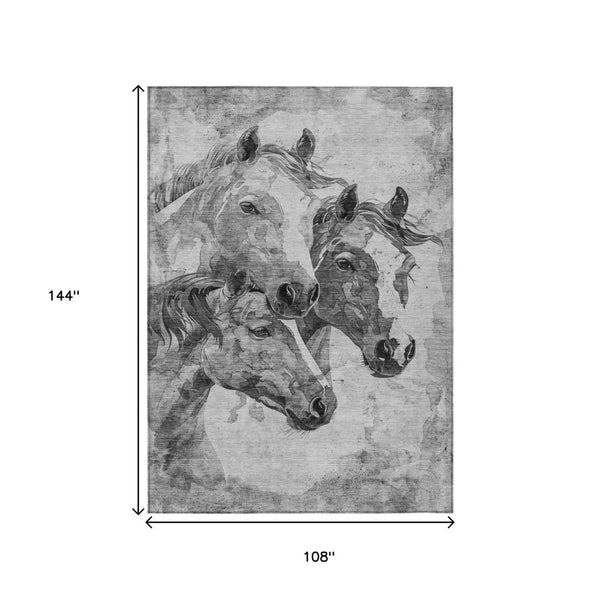 HomeRoots 9' X 12' Gray & Silver Horse Area Rug – Durable, Washable, Indoor/Outdoor Charm for Any Space 618677