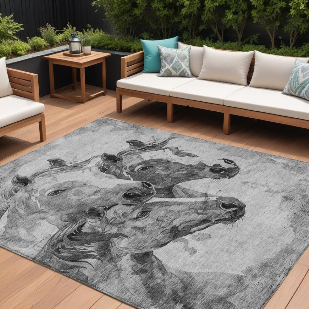 HomeRoots 9' X 12' Gray & Silver Horse Area Rug – Durable, Washable, Indoor/Outdoor Charm for Any Space 618677