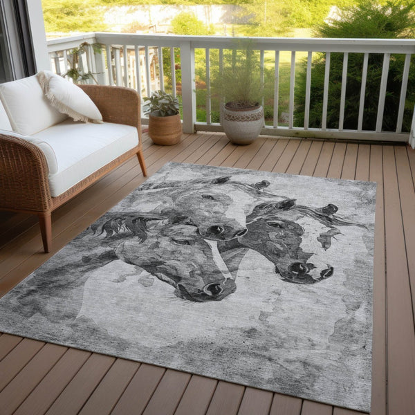 HomeRoots 9' X 12' Gray & Silver Horse Area Rug – Durable, Washable, Indoor/Outdoor Charm for Any Space 618677