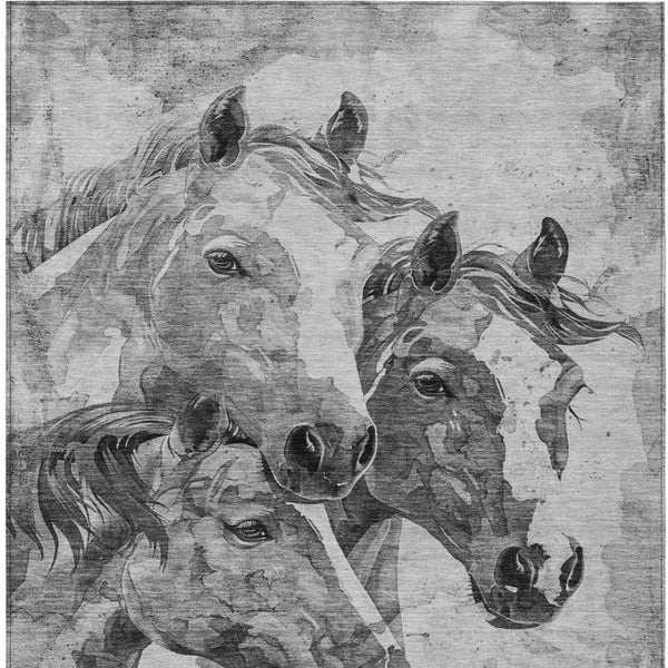 HomeRoots 9' X 12' Gray & Silver Horse Area Rug – Durable, Washable, Indoor/Outdoor Charm for Any Space 618677
