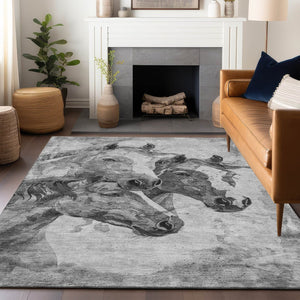 HomeRoots 9' X 12' Gray & Silver Horse Area Rug – Durable, Washable, Indoor/Outdoor Charm for Any Space 618677