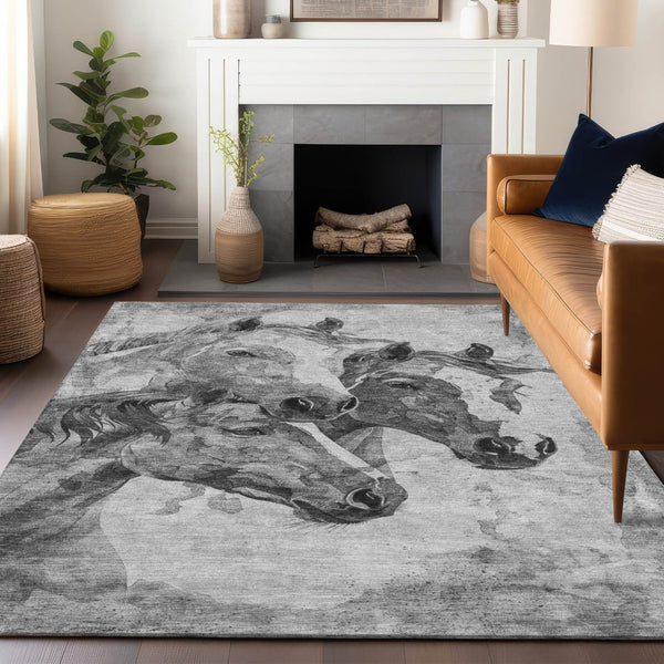HomeRoots 9' X 12' Gray & Silver Horse Area Rug – Durable, Washable, Indoor/Outdoor Charm for Any Space 618677