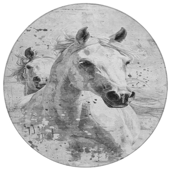 HomeRoots 5' Gray and Silver Horse-Themed Washable Area Rug for Indoor and Outdoor Rustic Charm and Durability 8' Round 618681