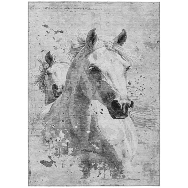 HomeRoots 5' Gray and Silver Horse-Themed Washable Area Rug for Indoor and Outdoor Rustic Charm and Durability 8' X 10' 618682