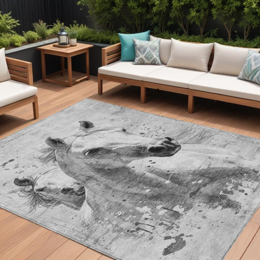 HomeRoots 5' Gray and Silver Horse-Themed Washable Area Rug for Indoor and Outdoor Rustic Charm and Durability 10' X 14' 618684
