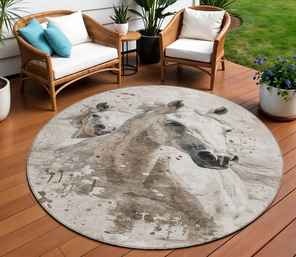 HomeRoots 5' Timeless Ivory and Gray Horse Washable Area Rug for Indoor and Outdoor Spaces, Durable Design 8' Round 618687