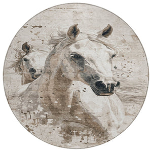 HomeRoots 5' Timeless Ivory and Gray Horse Washable Area Rug for Indoor and Outdoor Spaces, Durable Design 8' Round 618687