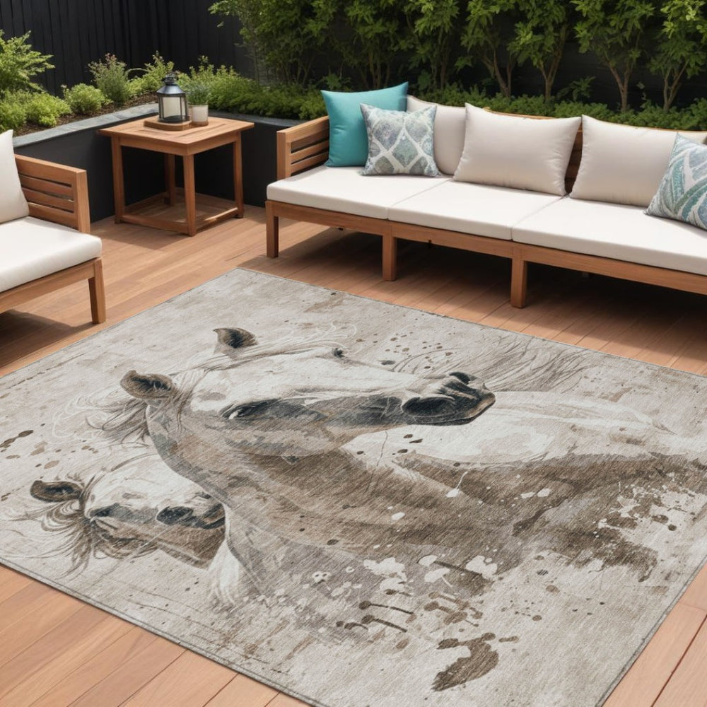 HomeRoots 9' X 12' Horse Washable Area Rug – Elegant Ivory & Gray Design for Indoor Comfort & Outdoor Durability 618689