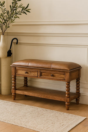 English Elm Solid Wood Leather Spindle Bench - Elegant Amber Oak Storage With 2 Drawers & Comfortable Seat B182P372188-GIGA