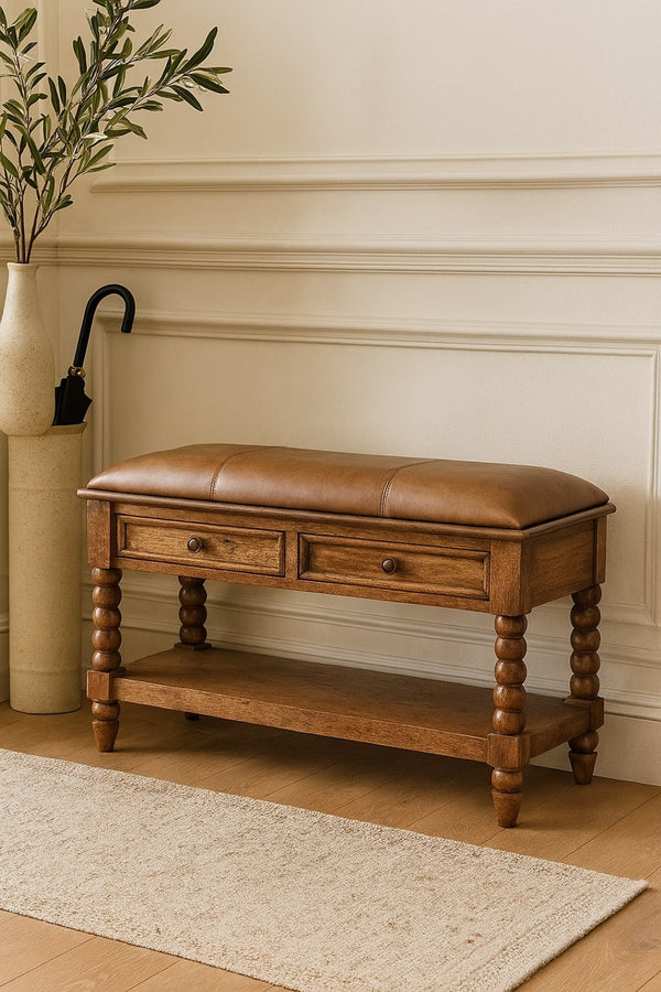 English Elm Solid Wood Leather Spindle Bench - Elegant Amber Oak Storage With 2 Drawers & Comfortable Seat B182P372188-GIGA