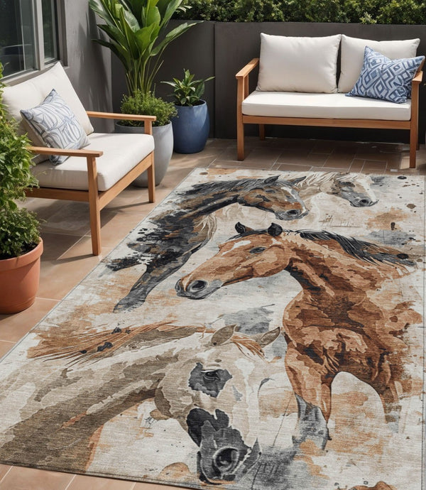 HomeRoots 5' Durable Indoor Outdoor Area Rug with Charming Horse Motif – Stylish, Washable, and Versatile 5' X 8' 618692