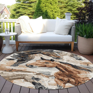 HomeRoots 5' Durable Indoor Outdoor Area Rug with Charming Horse Motif – Stylish, Washable, and Versatile 8' Round 618693