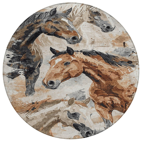 HomeRoots 5' Durable Indoor Outdoor Area Rug with Charming Horse Motif – Stylish, Washable, and Versatile 8' Round 618693