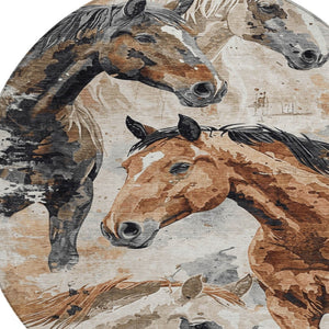 HomeRoots 5' Durable Indoor Outdoor Area Rug with Charming Horse Motif – Stylish, Washable, and Versatile 8' Round 618693