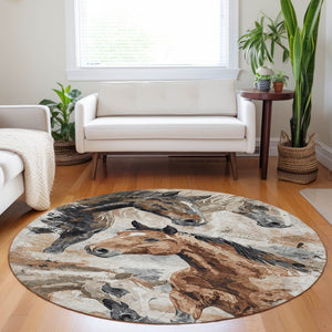 HomeRoots 5' Durable Indoor Outdoor Area Rug with Charming Horse Motif – Stylish, Washable, and Versatile 8' Round 618693