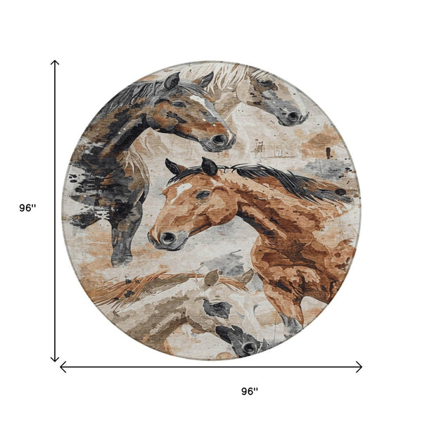HomeRoots 5' Durable Indoor Outdoor Area Rug with Charming Horse Motif – Stylish, Washable, and Versatile 8' Round 618693