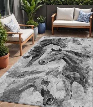 HomeRoots 5' Gray And Silver Horse Area Rug – Durable, Washable Design for Indoor/Outdoor Charm & Style 5' X 8' 618698