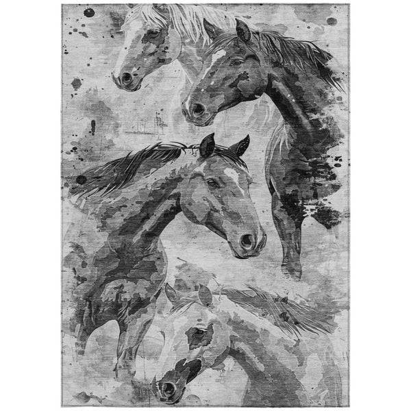 HomeRoots 5' Gray And Silver Horse Area Rug – Durable, Washable Design for Indoor/Outdoor Charm & Style 5' X 8' 618698