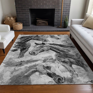 HomeRoots 5' Gray And Silver Horse Area Rug – Durable, Washable Design for Indoor/Outdoor Charm & Style 5' X 8' 618698