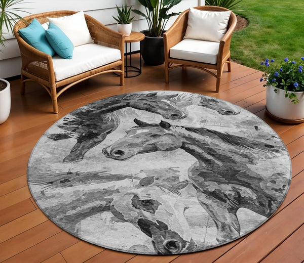 HomeRoots 5' Gray And Silver Horse Area Rug – Durable, Washable Design for Indoor/Outdoor Charm & Style 8' Round 618699