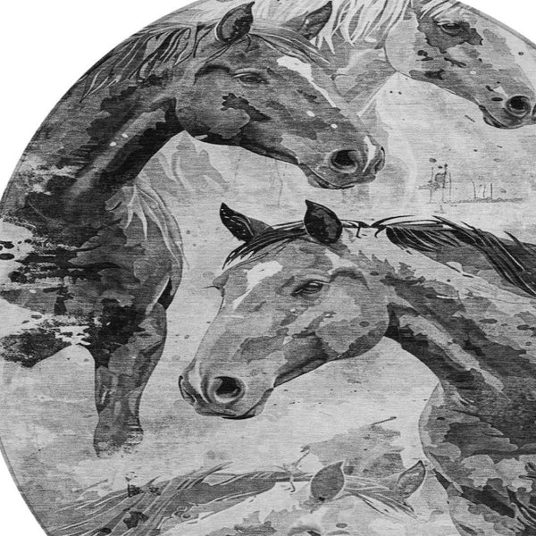 HomeRoots 5' Gray And Silver Horse Area Rug – Durable, Washable Design for Indoor/Outdoor Charm & Style 8' Round 618699