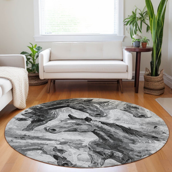 HomeRoots 5' Gray And Silver Horse Area Rug – Durable, Washable Design for Indoor/Outdoor Charm & Style 8' Round 618699