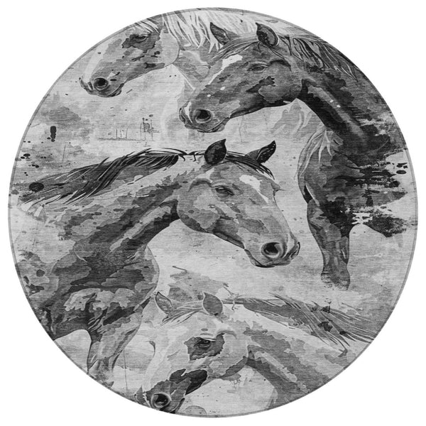 HomeRoots 5' Gray And Silver Horse Area Rug – Durable, Washable Design for Indoor/Outdoor Charm & Style 8' Round 618699