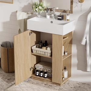 English Elm [video]21.6" Freestanding Bathroom Vanity Ceramic Sink Wavy Door Mdf Cabinet Small Bath Wood N729P285504N