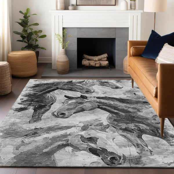 HomeRoots 5' Gray And Silver Horse Area Rug – Durable, Washable Design for Indoor/Outdoor Charm & Style 10' X 14' 618702