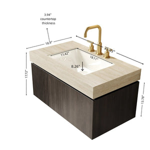 English Elm Muri Floating Bathroom Vanity Plywood Cabinet Travertine Stone Top Espresso W2615S00614