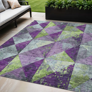 HomeRoots 5' Modern Geometric Purple and Lime Green Washable Area Rug for Indoor and Outdoor Spaces 5' X 8' 618728