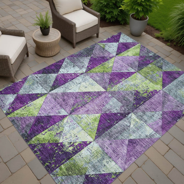 HomeRoots 5' Modern Geometric Purple and Lime Green Washable Area Rug for Indoor and Outdoor Spaces 5' X 8' 618728