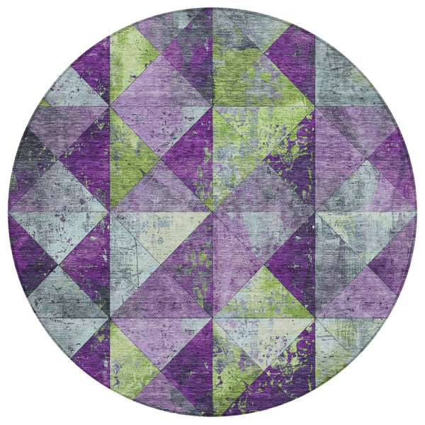 HomeRoots 5' Modern Geometric Purple and Lime Green Washable Area Rug for Indoor and Outdoor Spaces 8' Round 618729