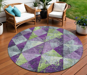 HomeRoots 5' Modern Geometric Purple and Lime Green Washable Area Rug for Indoor and Outdoor Spaces 8' Round 618729