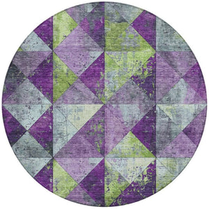 HomeRoots 5' Modern Geometric Purple and Lime Green Washable Area Rug for Indoor and Outdoor Spaces 8' Round 618729