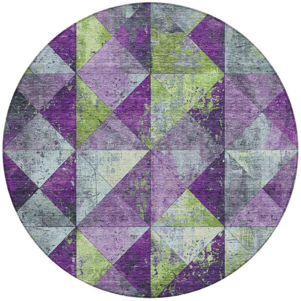HomeRoots 5' Modern Geometric Purple and Lime Green Washable Area Rug for Indoor and Outdoor Spaces 8' Round 618729